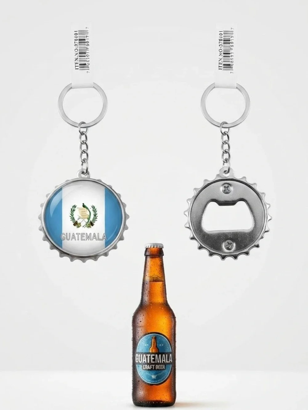 2 pack- Guatemala Flag Bottle Cap Keychain - Silver Keyring (Blue & White)